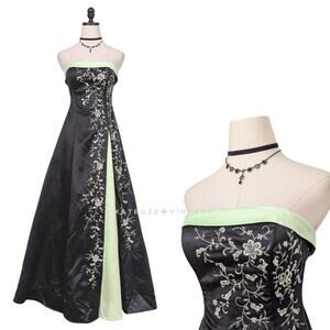 Vintage Prom Dress Maxi Gown 4 Green Black Y2K Corset Floral Fairy Princess Glam